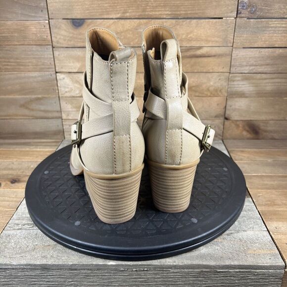 Korks Womens Sz 8M Heidi Block Heel Bootie Ankle Boots Tan Buckled Almond Toe - Picture 4 of 10